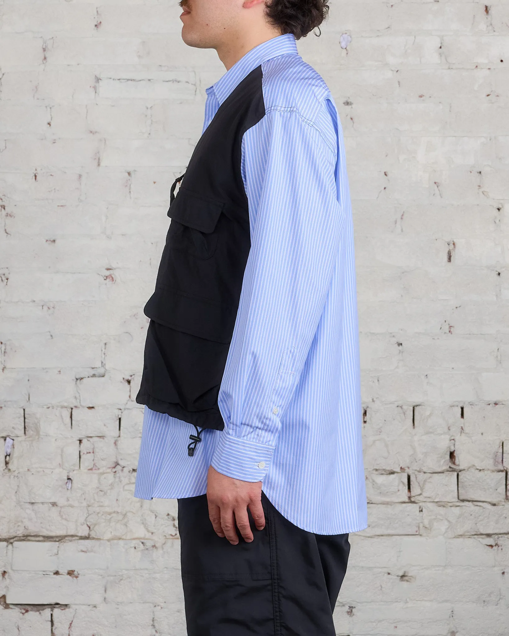 COMME des GARONS HOMME Cotton Stripe Nylon Tussah Button Cargo Shirt Sax Black