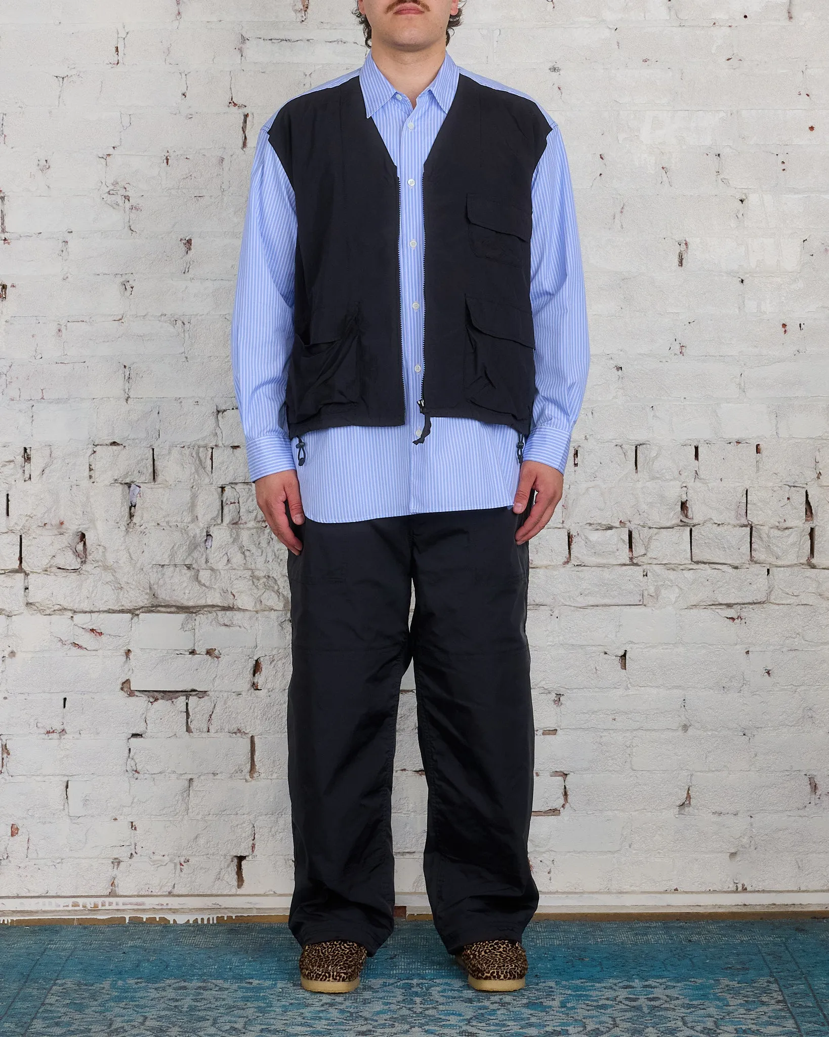 COMME des GARONS HOMME Cotton Stripe Nylon Tussah Button Cargo Shirt Sax Black