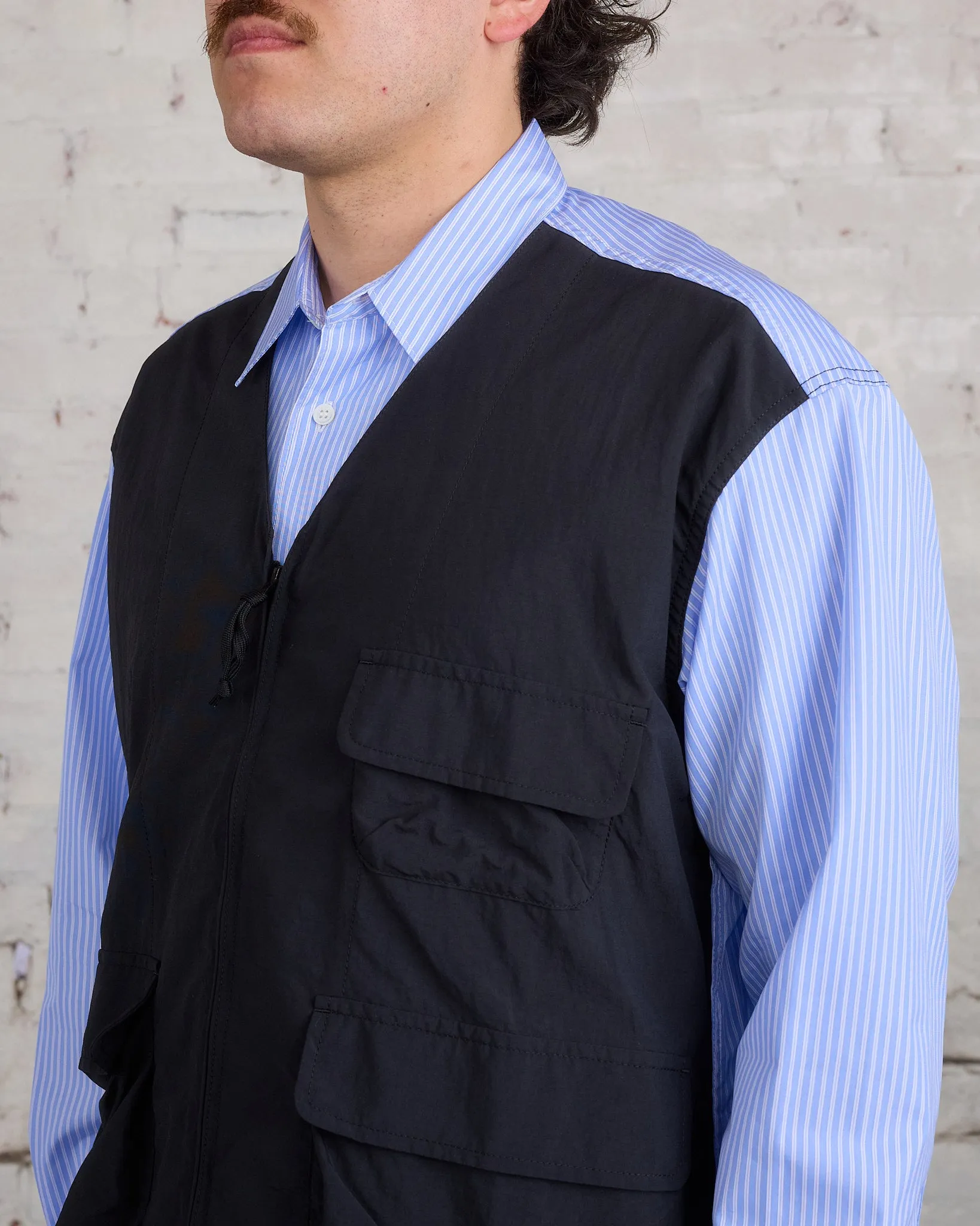 COMME des GARONS HOMME Cotton Stripe Nylon Tussah Button Cargo Shirt Sax Black