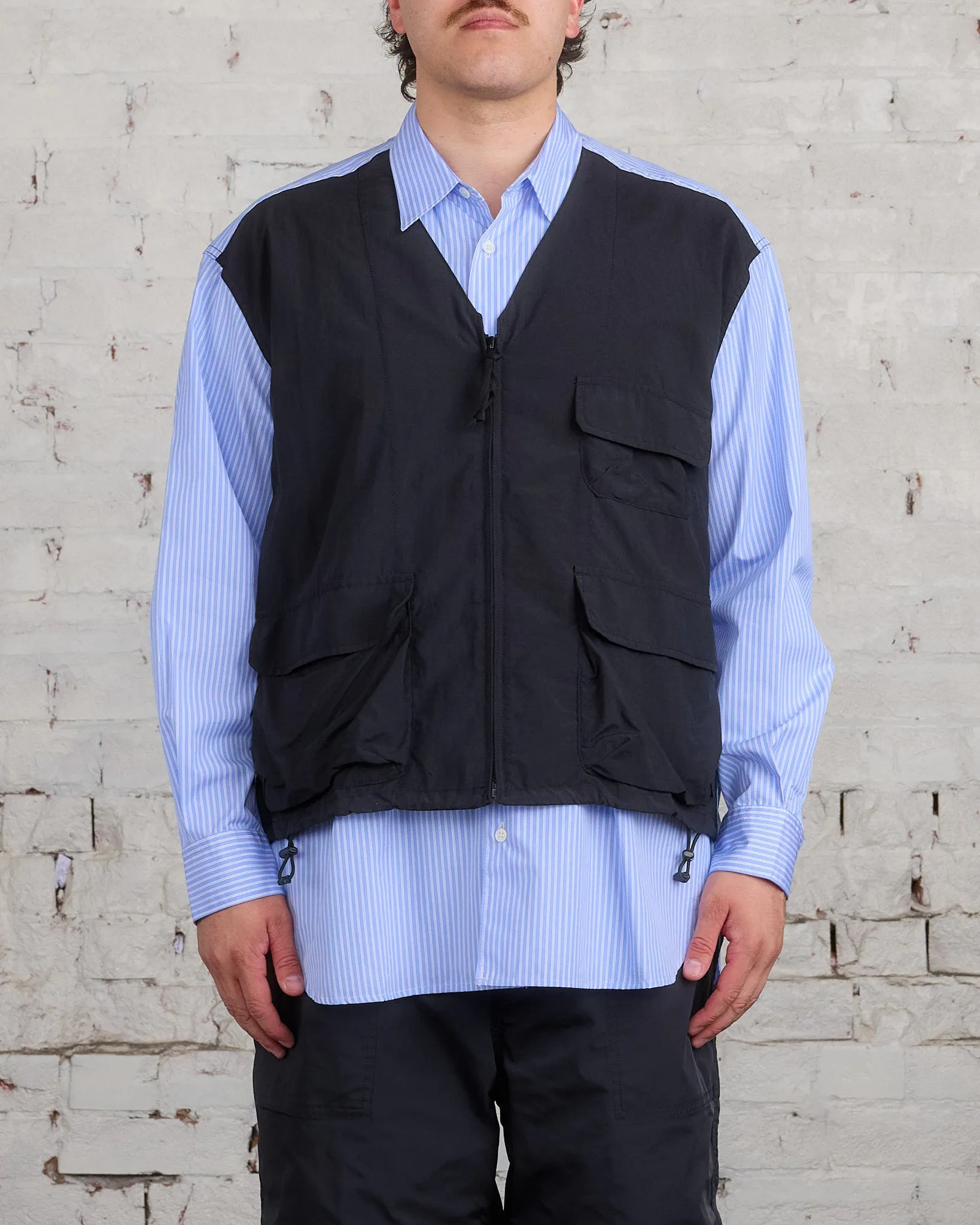COMME des GARONS HOMME Cotton Stripe Nylon Tussah Button Cargo Shirt Sax Black