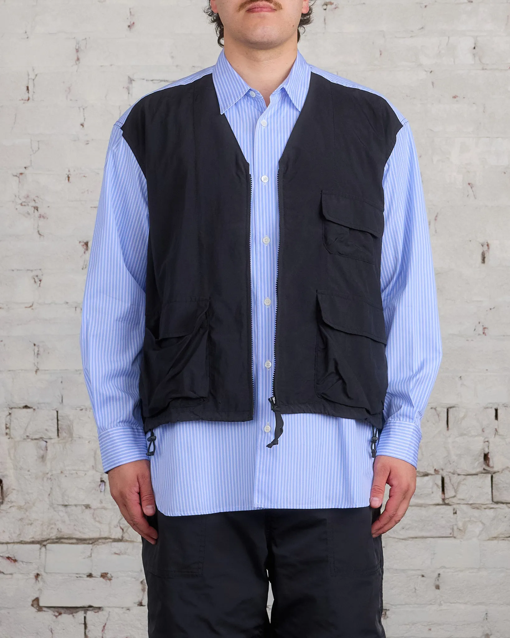 COMME des GARONS HOMME Cotton Stripe Nylon Tussah Button Cargo Shirt Sax Black