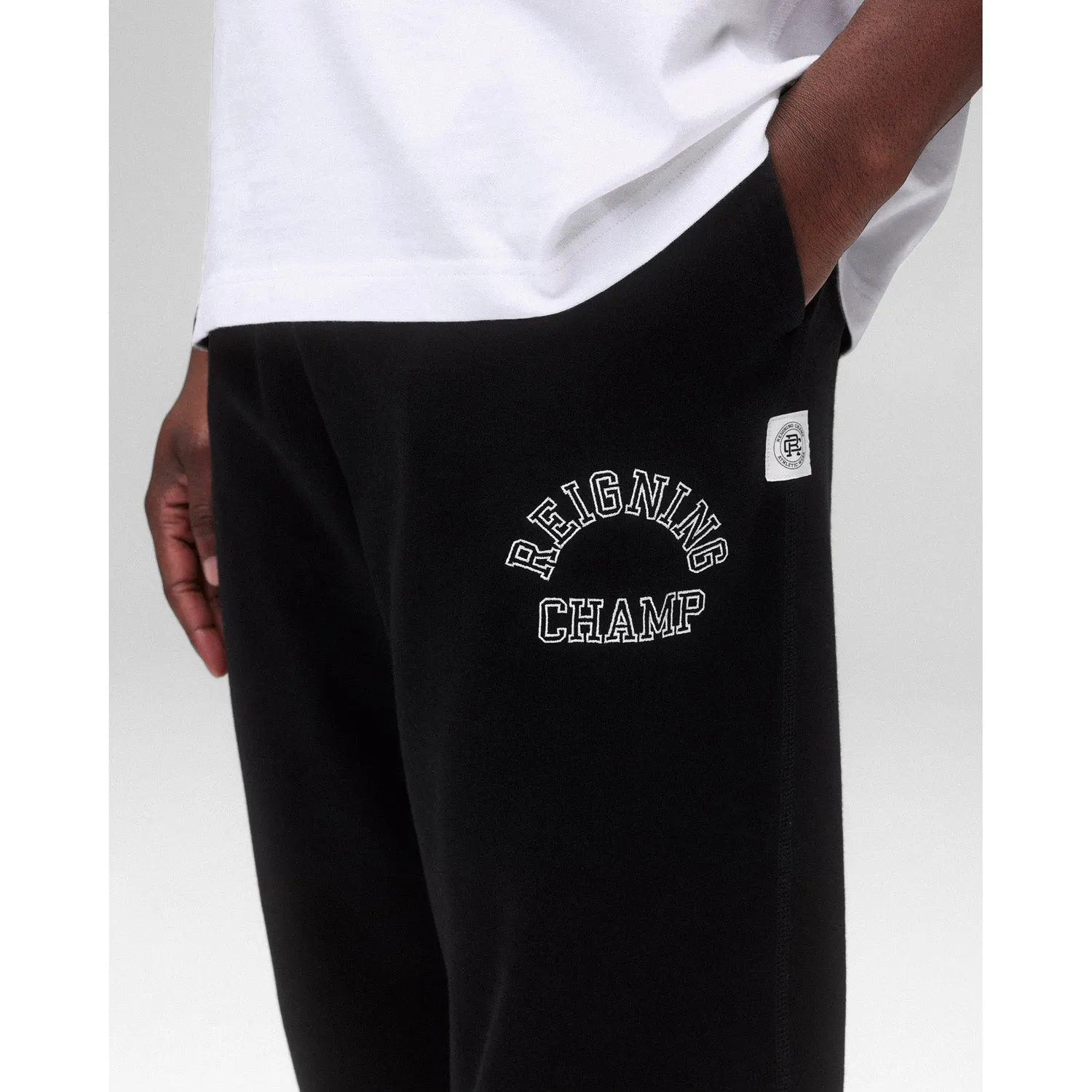 Reigning Champ Men Knit Midweight Terry Arch Logo Sweatpant Black White