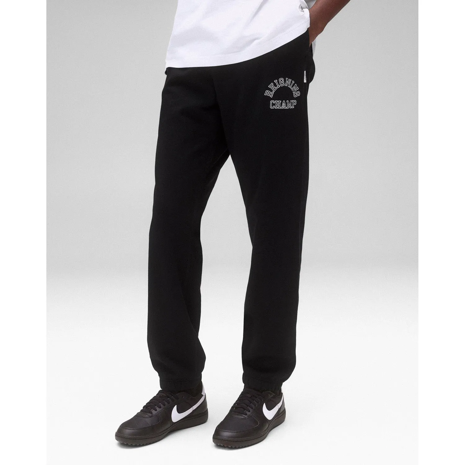 Reigning Champ Men Knit Midweight Terry Arch Logo Sweatpant Black White