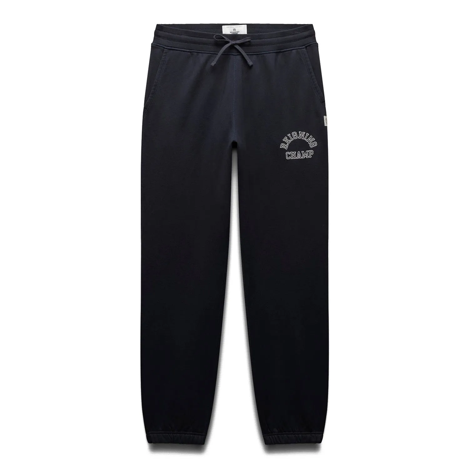 Reigning Champ Men Knit Midweight Terry Arch Logo Sweatpant Navy White